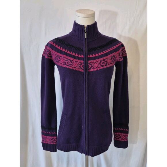 Neve Womens 100% Wool Purple Pink Fair Isle Full Zip Sweater Jacket Small - Picture 1 of 7